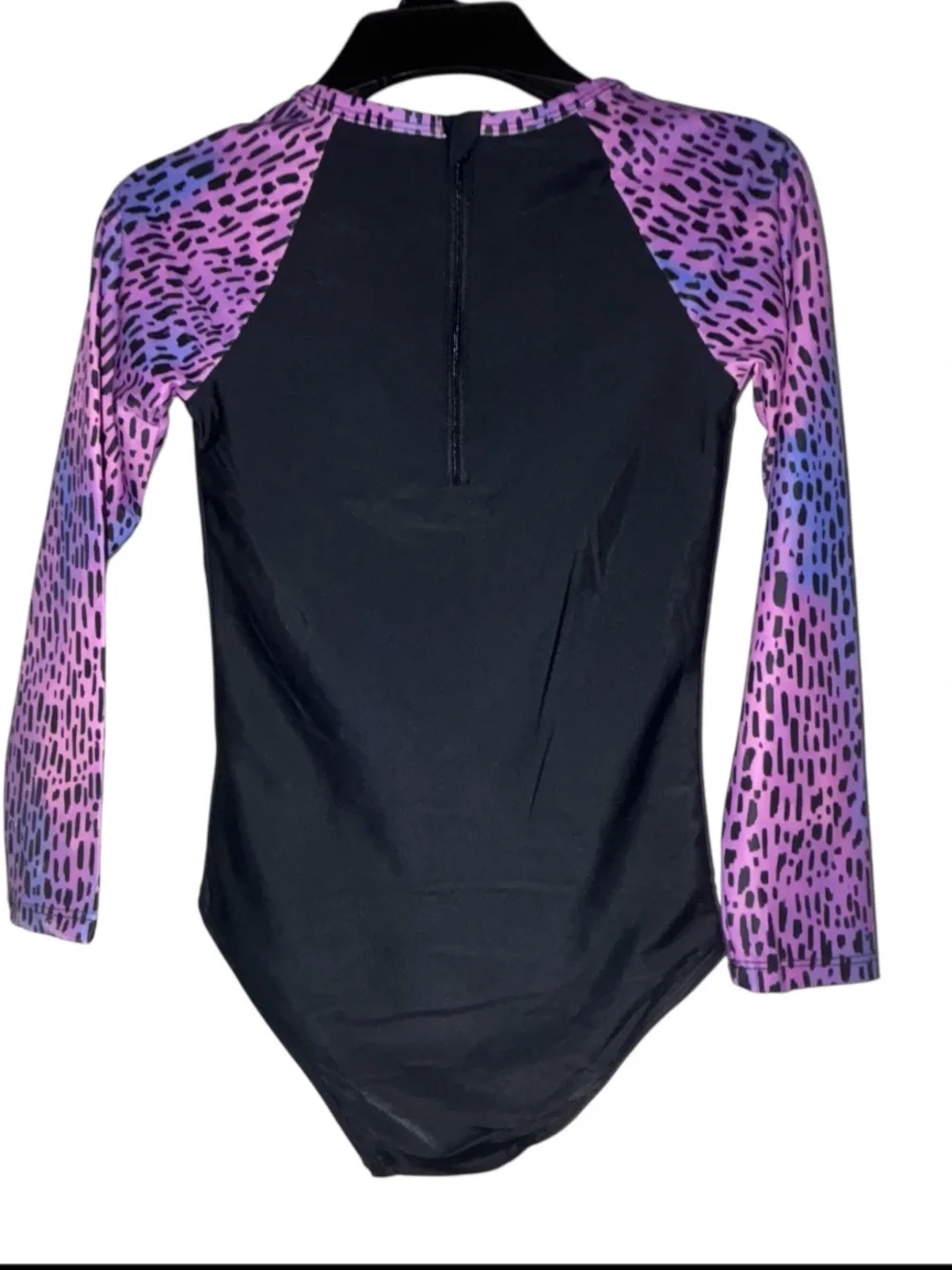 Maui & Sons Black One-Piece Rash Guard Purple Patterned Sleeves Girls M (7/8)